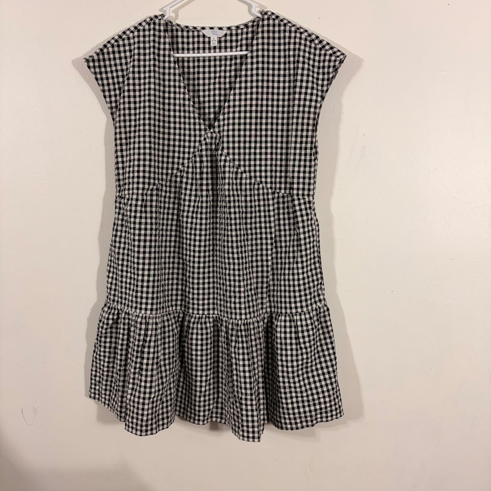 Time and Tru Gingham Mini Dress Womens M 8-10 Black White V-Neck Pockets Tiered